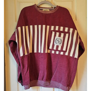 Vtg MTO Striped Crewneck Sweatshirt Maroon Beige Crest Pocket 80s 90s Retro Sz L